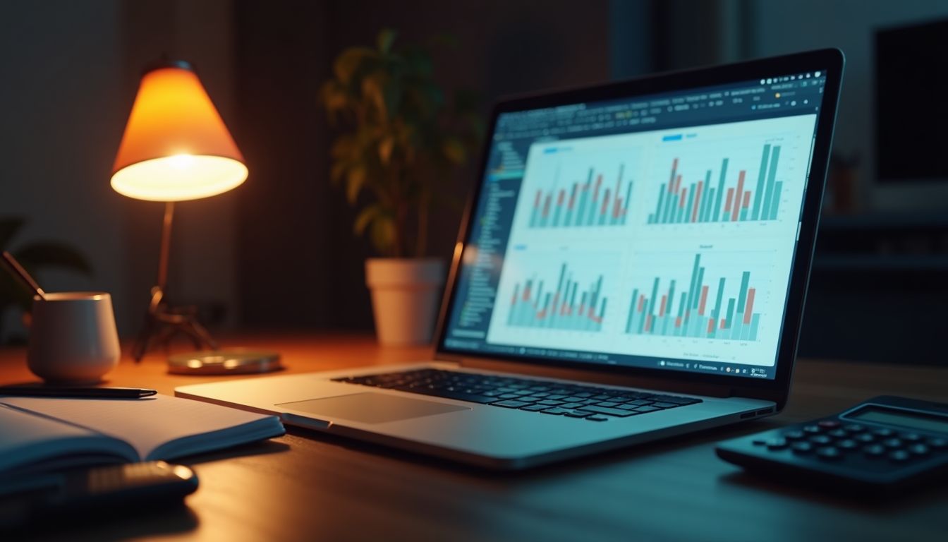 A creator reviewing earnings and a content calendar on a laptop beside a notebook, warm desk lamp with violet-blue evening tones, calm honest mood — creator earning and wellbeing guide