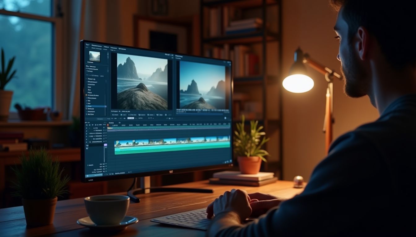 A video editing timeline on a monitor with a coffee mug and a ring light glowing in a dark creative studio, cool violet-blue light β creator making and repurposing guide