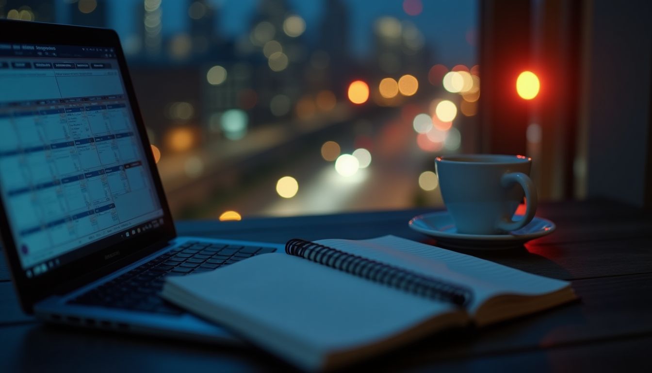 A smartphone on a small tripod recording a creator at a softly lit desk at dusk, violet-blue bokeh lights behind, cinematic encouraging mood β creator channel planning guide